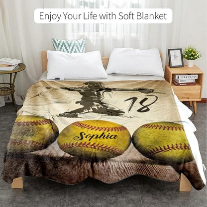 Custom Softball Blanket with Number Name: Personalized Fluffy and Warm Gift for Baby Toddler Kids and Adults Birthday Skin-Friendly Flannel Fabric(40X50inch)