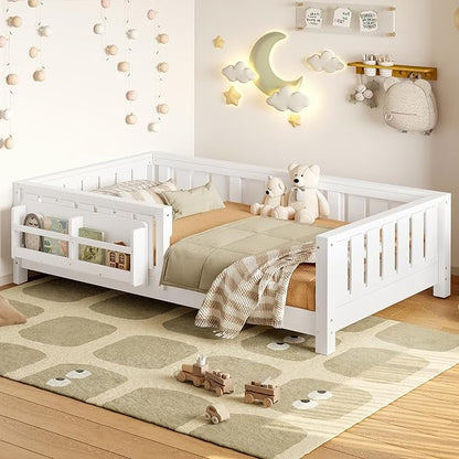Bellemave Twin Floor Bed with Slats and Safety Guardrail, Twin Size Montessori Floor Bed with Fence and Built-in Bookshelf, Easy Assemble Montessori Beds for Kids, Girls, Boys, White