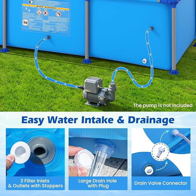 GYMAX 8.5' x 6' x 26" Metal Frame Above Ground Swimming Pool, Outdoor Backyard Famliy Pool w/Puncture-Resistant Fabric, Drainage Valve Connector for Kids & Adults (8.5' x 6' x 26", Rectangle, Blue)