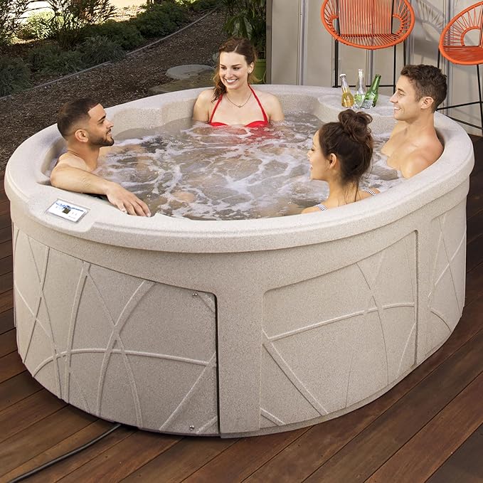 LifeSmart 4-Person Hot Tub, Outdoor Spa with Cover and LED Lights, Circular, Beige - Above-Ground Spa Machine with Accessories for Home and Personal Relaxation