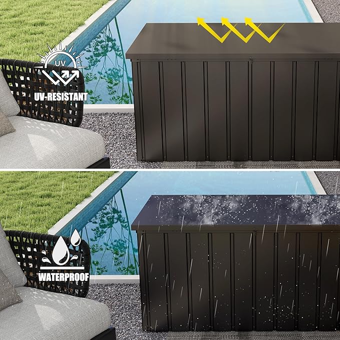 Domi Outdoor Storage Deck Box 120 Gallon, Waterproof Lockable Steel Outdoor Storage Container for Outside Cushions, Garden Tools and Pools Equipment, (Brown)