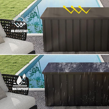 Domi Outdoor Storage Deck Box 120 Gallon, Waterproof Lockable Steel Outdoor Storage Container for Outside Cushions, Garden Tools and Pools Equipment, (Brown)