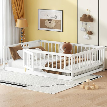 Full Size Floor Bed Frame with Door and Slats,Montessori Floor Bed with Safety Guardrails for Girls Boys,Solid Wood Kids Montessori Bed Full Size,White