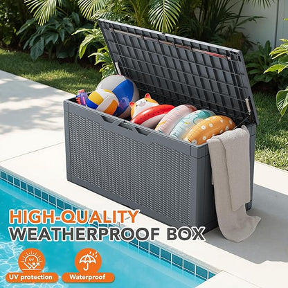 110 Gallon Deck Box Outdoor Indoor Waterproof Storage Box for Patio Furniture, Pool Accessories, Garden Tools, and Cushion Storage, Gray