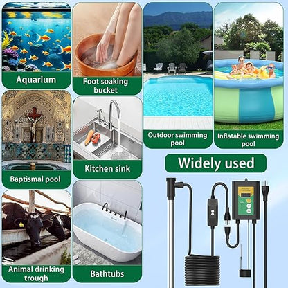 3500W 240V Titanium Fully Submersible Portable Electric Immersion Large Pool Water Heater Waterproof Hot Tub Heater with LCD Thermostat & GFCI Plug, for Swimming Pool, Bathtub, Baptistry, Bucket (GY)