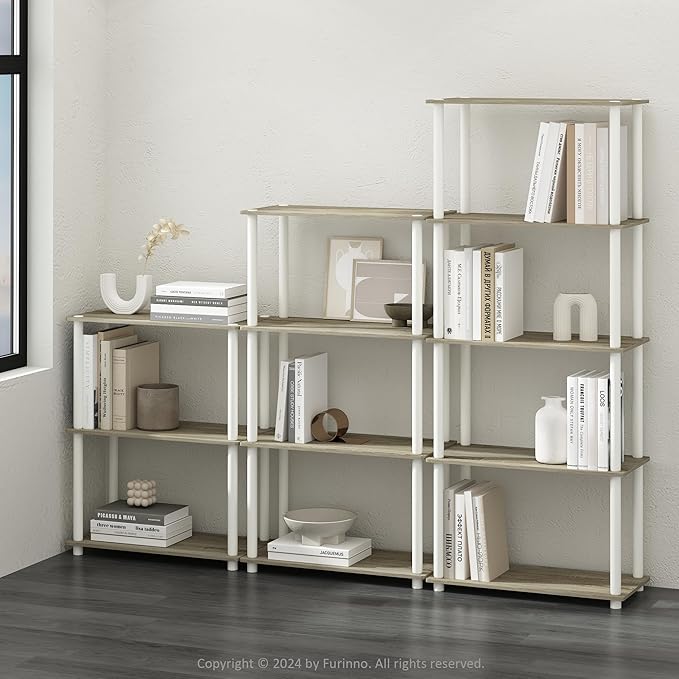 Furinno Turn-N-Tube 5-Tier Multipurpose Shelf / Display Rack / Storage Shelf / Bookshelf, Round Tubes, Sonoma Oak/White