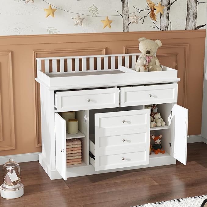 Nursery Dresser with Changing Table Top, 46" W Baby Dresser with 2 Drawers, Laundry Basket & Raised Guard, Infant Diaper Changing Storage Organize Station for Nursery and Baby Bedroom, White