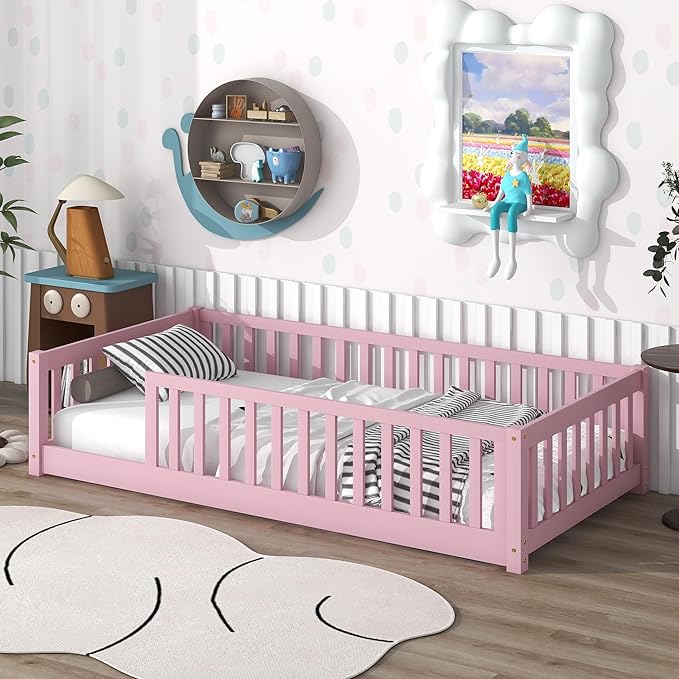 Twin Size Kids Montessori Floor Bed,Twin Floor Bed Frame with Slats,Solid Wood Twin Bed Frame for Girls Boys,Pink