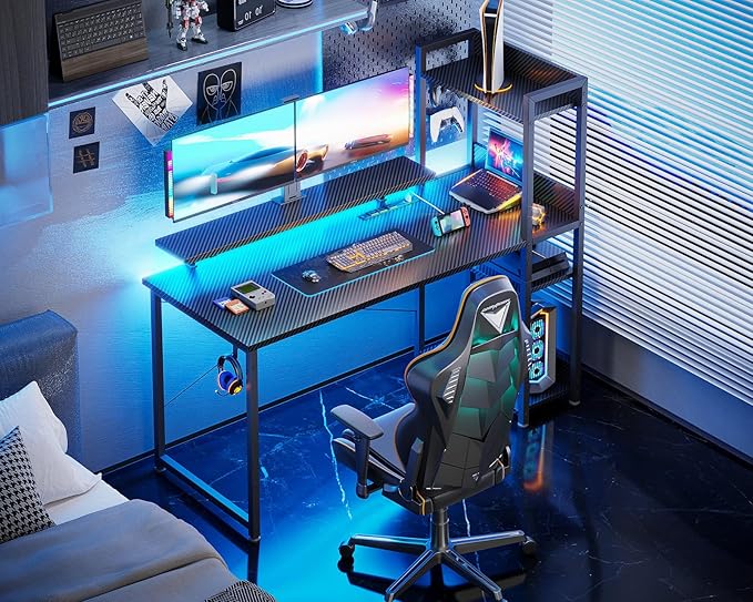 ODK Reversible Gaming Desk with Power Outlets and LED Lights, 48 Inch Computer Desk with Storage Shelves and Monitor Stand, Modern Writing Study Desk for Home Office, Carbon Fiber Black