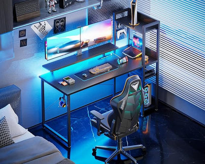 ODK Reversible Gaming Desk with Power Outlets and LED Lights, 48 Inch Computer Desk with Storage Shelves and Monitor Stand, Modern Writing Study Desk for Home Office, Carbon Fiber Black