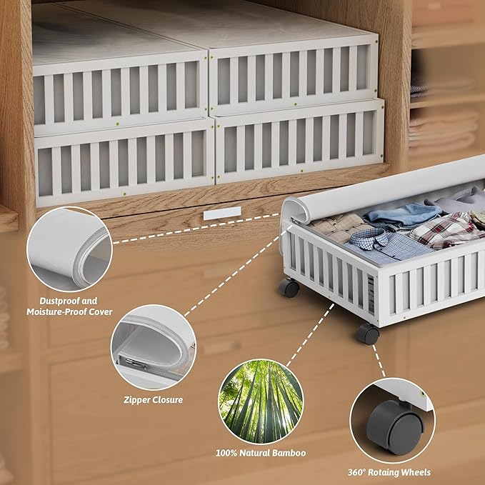 Bamboo Under Bed Storage Containers with Wheels, 2 Pack Large Under the Bed Shoe Storage Bins, Wood Rolling Underbed Drawers Organizer for Bedroom Closet Clothes Blanket Under Crib Toy White