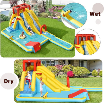 BOUNTECH Inflatable Water Slide, Dual Surfing Slides Kids Water Slide Park Jump Bouncy Castle w/2 Swimming Rings, Large Splash Pool, Backyard Outdoor Blow up Water Slides Inflatables for Big Kids
