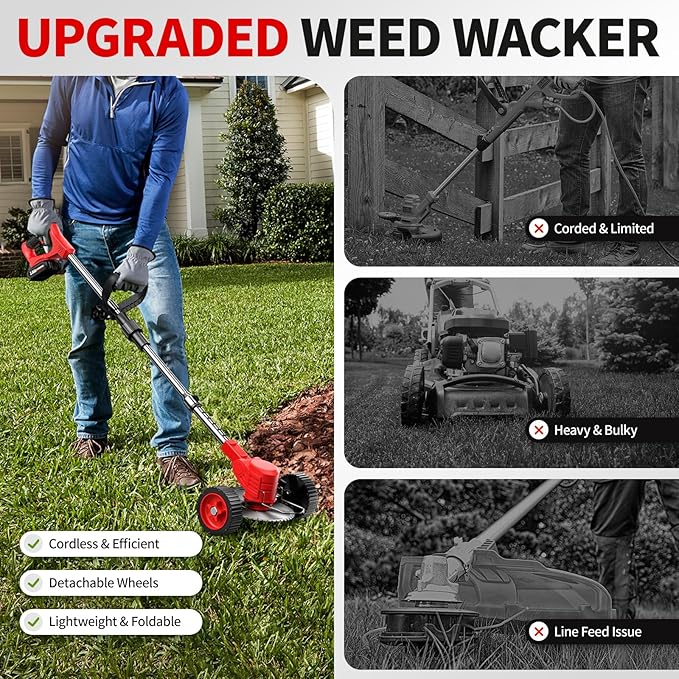 Cordless Weed Wacker, Electric Weed Eater with 4 Types of Blades & 2 * 2.0Ah Batteries, Lightweight Brush Cutter Foldable String Trimmer, Battery Powered Lawn Mover for Lawn Yard (Red)