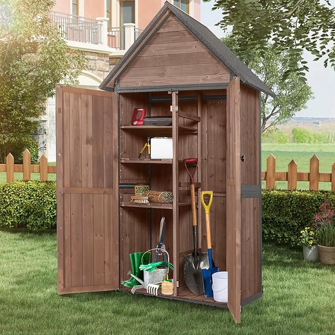 GUTINNEEN Outdoor Storage Shed with All Around Strong Metal Frame, Garden Tool Sheds Cabinet with Floor & Adjustable Shelves, Wooden Tool House for Backyard Garden Patio Lawn (Dark Brown)