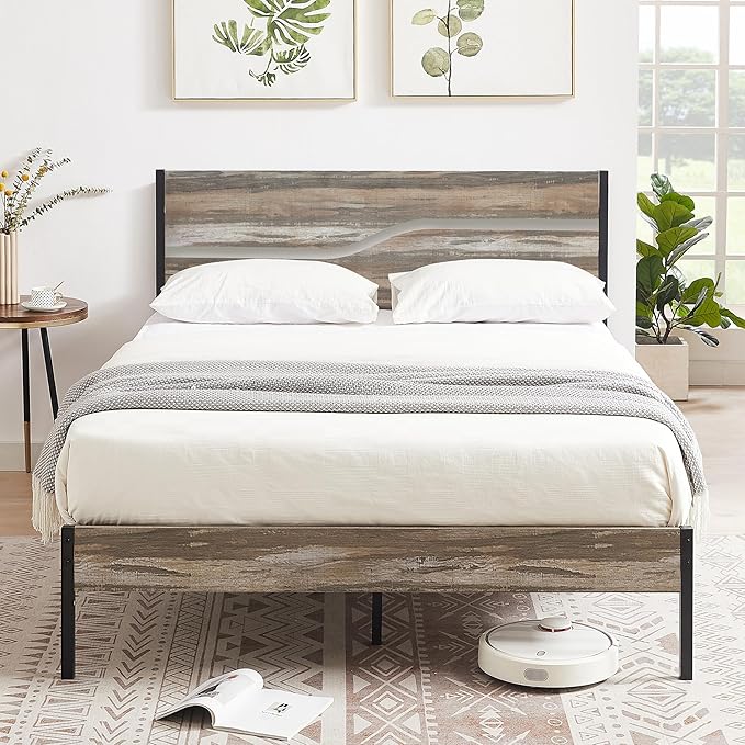 VECELO Full Size Platform Bed Frame with Wood Headboard, Strong Metal Slats Support Mattress Foundation, No Box Spring Needed