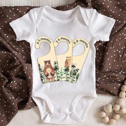 Whaline 8Pcs Woodland Design Hanging Wooden Baby Closet Size Dividers and Organizer - Newborn to 24 Months - Thicken Wardrobe Organizer for Home Nursery Clothes Decor
