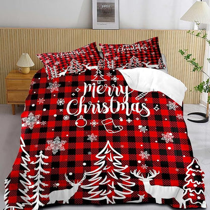 LUVIVIHOME 2PCS Christmas Comforter Set Twin Size, Plaid Bedding, Red and Black Buffalo Check Snowflake Forest Deer Merry Christmas Bedroom Decor, Soft Microfiber Quilt, Xmas Gifts, 1 Pillow Sham