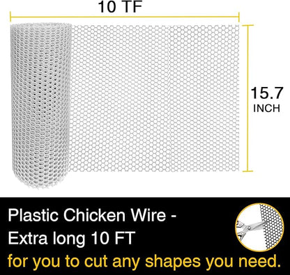Chicken Wire Fence Mesh Plastic with Zip Ties, 1.3×10FT Chicken Wire Mesh for Gardening, Poultry Fencing, Crafts, Moss Poles, DIY, Floral Netting - White