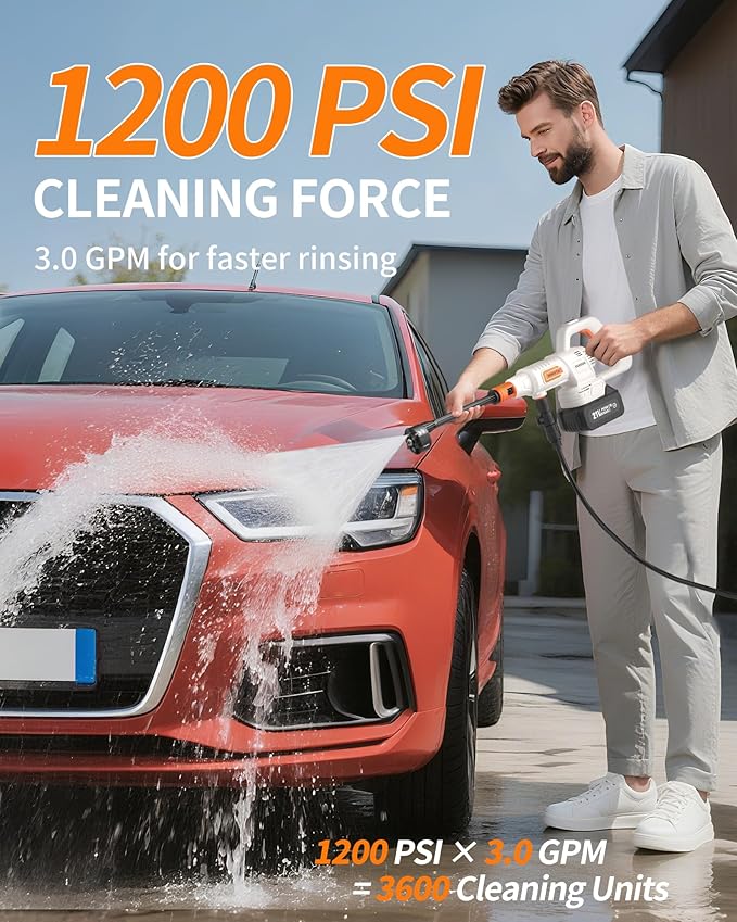 Cordless Pressure Washer Battery Powered; 1200PSI Cordless Power Washer with Brushless Motor, 4.0Ah Battery,6-in-1 Nozzle, 3 Power Level; Handheld Portable Pressure Washer Cordless (5022-WH1)