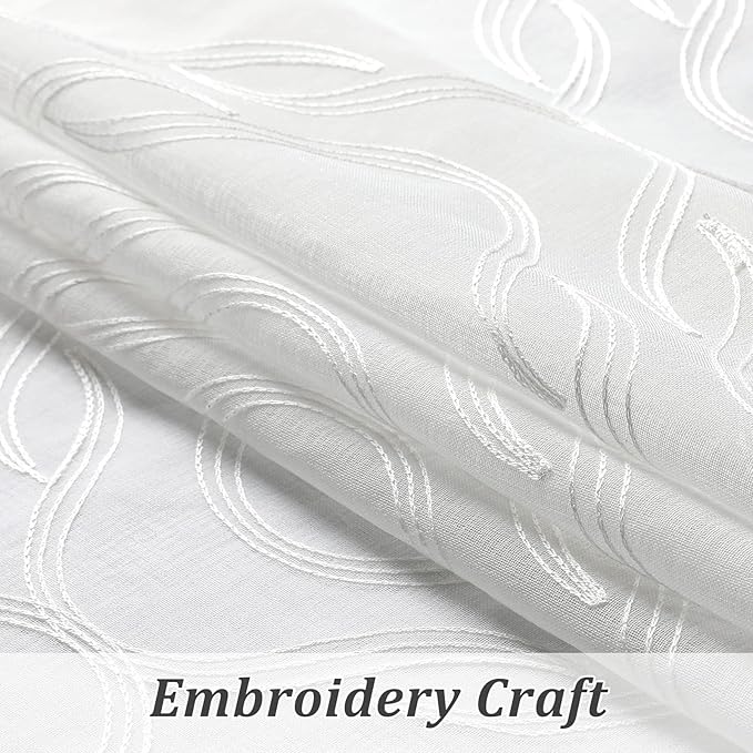 VISIONTEX Sheer Curtains 120 Inches Long 2 Panels Set, White Moroccan Embroidery Texture Geometric Rod Pocket White Voile Tulle Semi Window Treatment Pair for Bedroom, W54 x L120