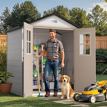 DWVO 6x4.4 FT Outdoor Storage Shed, Plastic Garden Tool Shed with 2 Windows, Double-Wall Outside Shed for Lawn Mower, Garden Tool for Backyard, Patio, Lawn, Lockable, Greige&Gray