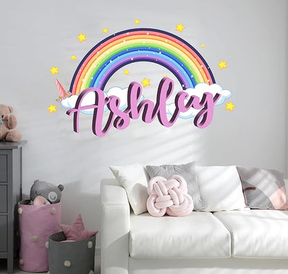 Custom Name Rainbow Wall Decal for Girls - Personalized Name Stars Clouds Sticker - Rainbow Wall Decal - Cute Unicorn Sticker for Kids Decor- Removable Vinyl for Nursery Decor (Tiny Wide 8"x5" Height)