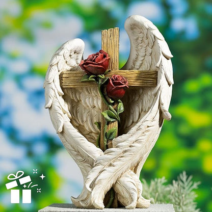 12" Angel Wings Embracing Cross and Rose Garden Statue Memorial Statue for Beloved one