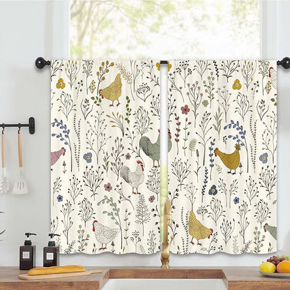 Rooster Chicken Leaves Kitchen Curtains 27.5W x 39L Inch Plant Botanical Rustic Farmhouse Cottagecore Rod Pocket Short Small Window Treatment Drapes Decor 2 Panels