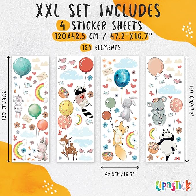 Hot Air Balloon Wall Decals by Lipastick - Peel and Stick Animal Stickers Raccoon, Fox, Koala, Panda for Kids Room, Nursery, Playroom, Bedroom - Removable Wall Decor for Boys, Girls, Babies - XXL Size