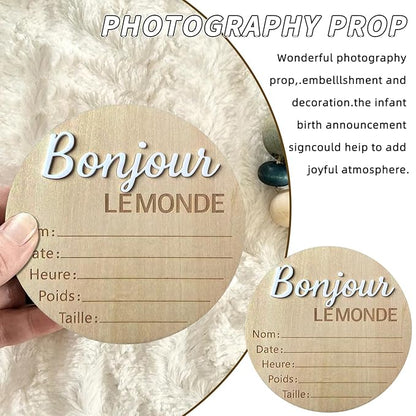 Baby Announcement Sign, 5.9 Inch Wooden Hello World Newborn Signs, "Bonjour Le Monde" Decoration, Birth Announcement Sign, Welcome Newborn Arrival to World, Hospital Nursery for baby