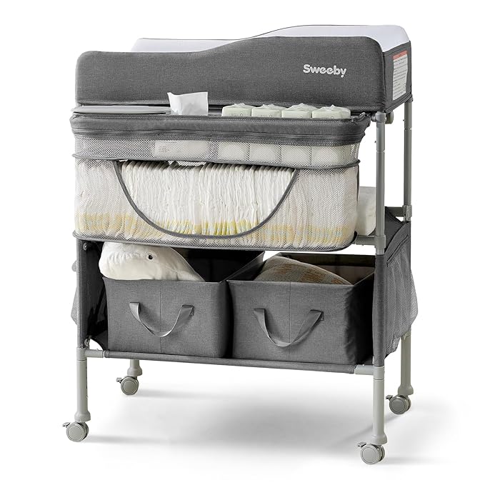 Sweeby Portable Baby Changing Table, Foldable Changing Table Dresser Changing Station for Infant, Waterproof Diaper Changing Table Pad Topper, Mobile Nursery Organizer for Newborn Essentials,Darkgrey