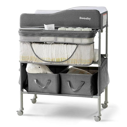 Sweeby Portable Baby Changing Table, Foldable Changing Table Dresser Changing Station for Infant, Waterproof Diaper Changing Table Pad Topper, Mobile Nursery Organizer for Newborn Essentials,Darkgrey