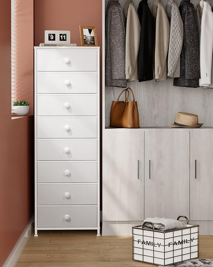 Crestlive Products Tall Dresser, 8-Drawer Fabirc Storage Tower, Chests of Drawers - Vertical Organizer Unit for Bedroom, Hallway, Entryway, Nursery, Closets - Steel Frame, Wood Top & Handles (White)