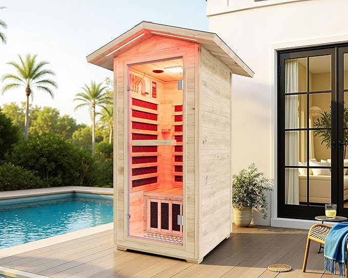 Albott Outdoor Sauna 1 Person, Infrared Saunas for Home, Low EMF 1245W/110V Spruce Wood Dry Sauna with Tourmaline Stone Foot Warmer, 7-Color Light Therapy & 2 Bluetooth Speakers, 33.5"x35.4"x78.7"