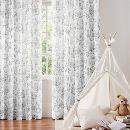 jinchan Linen Nursery Curtains 96 inch Long Woodland Wildlife Grey Print Drapes for Kid's Room Light Filtering French Country Farmhouse Gray Curtains with Bunny and Forest Design Set of 2 Panels