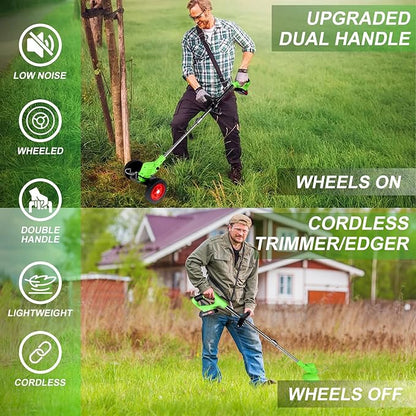 Electric Weed Wacker Cordless Eater 2 Battery, Foldable and Lightweight Grass Trimmer/Brush Cutter,5 Types Blade&Wheels 21V 4.0Ah Battery (2 Pieces) Powered for Garden and Yard (Non-Foldable)