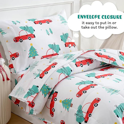 JSD Red Cars Christmas Tree Toddler Bedding Set, 4 Piece Bed-in-Bag Comforter Sheet Set, Machine Washabale Comfortable