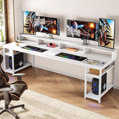 Tribesigns Two Person Desk with Monitor Stand, 78.74" Long Double Computer Office Desk with Storage Shelves, Large Gaming Desk Study Writing Table Workstation for Home Office (White)