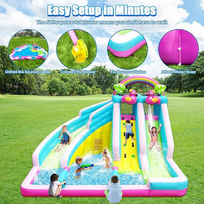 Inflatable Water Slide, 6 in 1 Blow Up Water Park Aged 3-10, Flamingo Style Water Bounce House with Double Long Slides, Splash Pool, 580W Blower Waterslide for Kids and Adults Backyard