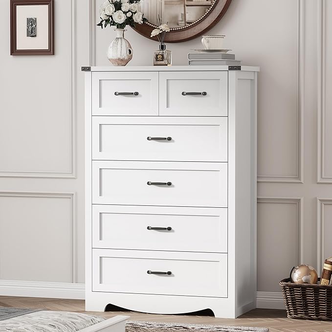 Dresser for Bedroom with 6 Drawers, 46" Tall Wood Chest of Drawers with Deep Drawers & Mental Handle, Modern Dresser TV Stand, Wooden Closet Storage Organizer for Living Room, Hallway, Entryway, White