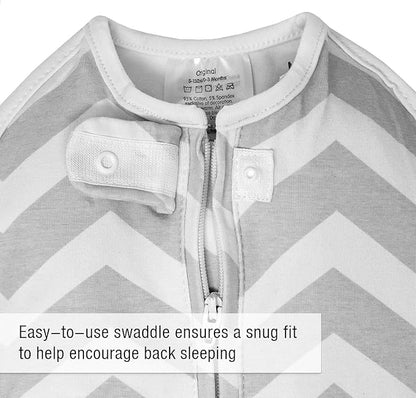 Woombie Original Baby Swaddling Blanket - Self-Soothing, Cotton Baby Swaddle with Zipper - Wearable Newborn Blanket, Sleepy Grey Chevron, 5-13 lbs