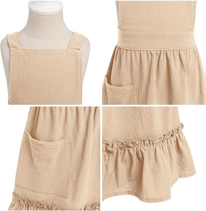 IWEMEK Kids Aprons for Girls Cooking Child Cotton Linen Apron Dress with Pockets Art Baking Gardening Painting Apron Pinafore