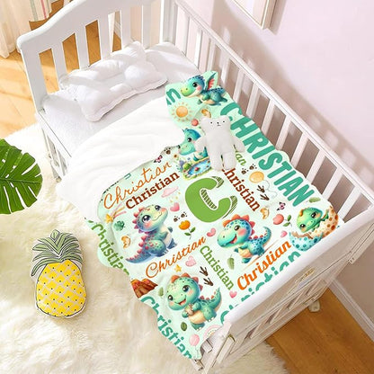 Personalized Custom Green Dinosaur Preschool Blanket Gifts for Baby Toddler Kids Boys Girls - Customized Green Dinosaur Super Soft Flannel Sheets Decor for Crib Nap Couch - 30"x40" for Baby/Pets
