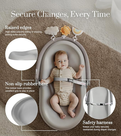 Wipe-Clean Baby Changing Pad, Waterproof Durable PU Pad, Soft & Non-Slip Safety Belt & Hanging Toys, Easy to Adjust & Removable Bar, Gray