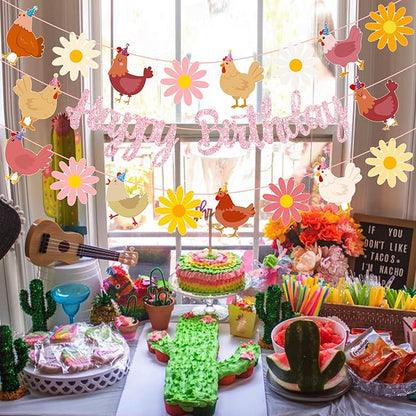 Chicken Themed Birthday Party Supplies Daisy Chicken Happy Birthday Banner Pink Glitter Floral Little Chick Party Decoration Hen Themed Cutout Banners for Girls Farm Animal Bday Baby Shower Supplies