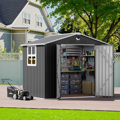 8x6 FT Outdoor Storage Shed, Metal Garden Shed - Tool Storage Sheds with Lockable Doors & 1 Clear Window, Waterproof Outside Storage Building for Backyard, Patio (Black; Floor Not Included)