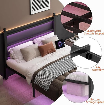 Full Size Bed Frame with Headboard and Footboard,Steel Slats Support-LED Bed Frame with USB Charging Station,Mattress Foundation-Under Bed Storage, No Box Spring Needed,Noise Free,Black