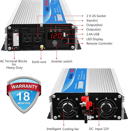 3000Watt Pure Sine Wave Inverter 3000W 12V DC to 110V 120V AC ETL Listed UL458 STD Lithium Battery Compatible with Terminal Block 40Amps and 30FT Wired Remote to Run A/C for RVs Campers,Off Grid Solar