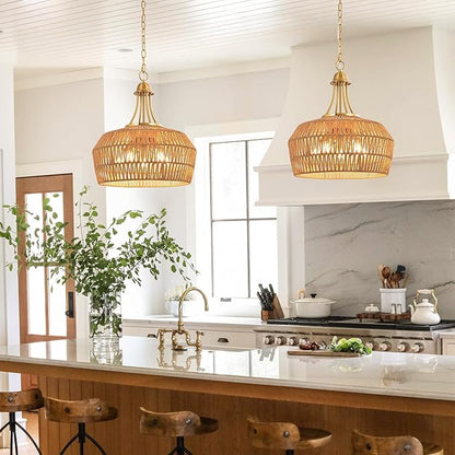 18.5'' Rattan Chandeliers for Dining Room, 5-Light Boho Pendant Light, Hand Woven Lampshade for Kitchen Island, Bedroom, Living Room, Height Adjustable