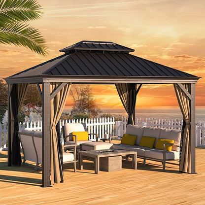 Gazebo 10' x 12' with Mosquito Net and Privacy Sidewalls, Patio Aluminum Permanent Gazebo, All Weatherproof Outdoor Hardtop Metal Gazebos，for Patio, Garden, Parties, Backyard,Lawn.